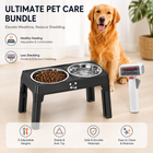 Pet Care Bundle Set – Black Adjustable Elevated Double Dog Bowl & White and Grey 2-in-1 Self-Cleaning Pet Grooming Comb, Stainless Steel Feeding Station and Deshedding Brush for Dogs & Cats