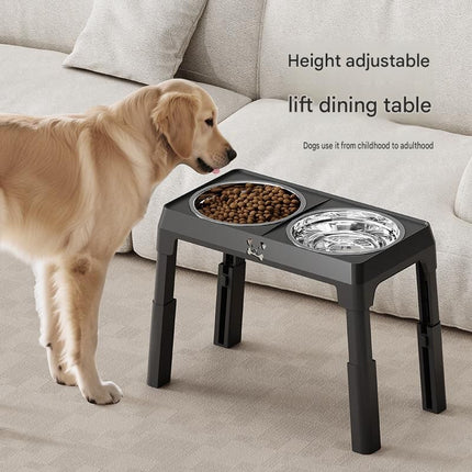 Pet Care Bundle Set – Black Adjustable Elevated Double Dog Bowl & White and Grey 2-in-1 Self-Cleaning Pet Grooming Comb, Stainless Steel Feeding Station and Deshedding Brush for Dogs & Cats