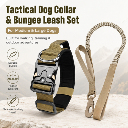 Khaki Tactical Dog Collar and Bungee Lead Set - Padded Quick Release Collar with Control Handle and Shock Absorbing Leash for Medium and Large Dogs