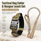 Khaki Tactical Dog Collar and Bungee Lead Set - Padded Quick Release Collar with Control Handle and Shock Absorbing Leash for Medium and Large Dogs