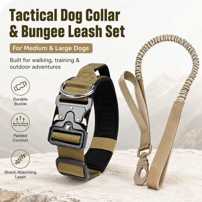 Khaki Tactical Dog Collar and Bungee Lead Set - Padded Quick Release Collar with Control Handle and Shock Absorbing Leash for Medium and Large Dogs
