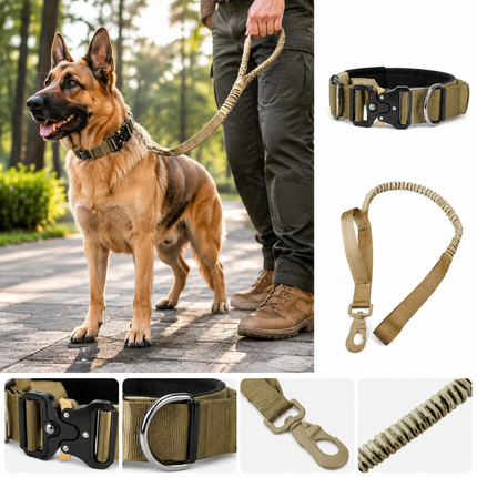 Khaki Tactical Dog Collar and Bungee Lead Set - Padded Quick Release Collar with Control Handle and Shock Absorbing Leash for Medium and Large Dogs