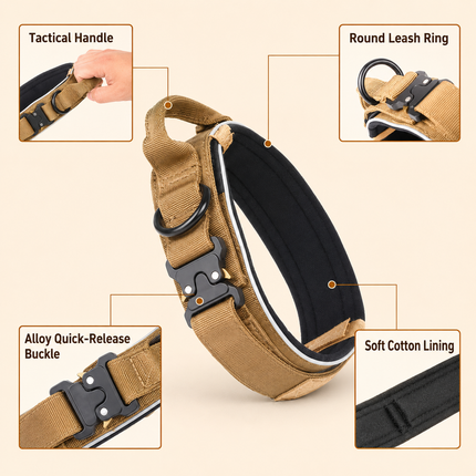 Khaki Tactical Dog Collar and Bungee Lead Set - Padded Quick Release Collar with Control Handle and Shock Absorbing Leash for Medium and Large Dogs