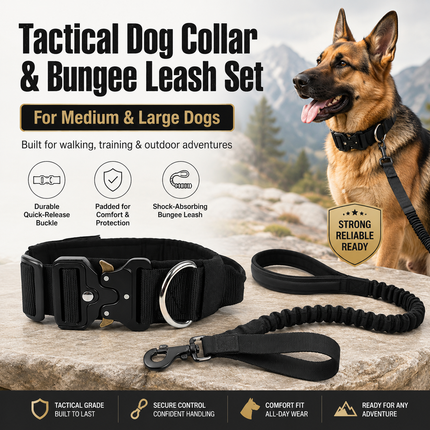 Khaki Tactical Dog Collar and Bungee Lead Set - Padded Quick Release Collar with Control Handle and Shock Absorbing Leash for Medium and Large Dogs
