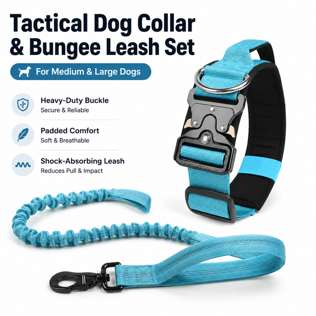 Khaki Tactical Dog Collar and Bungee Lead Set - Padded Quick Release Collar with Control Handle and Shock Absorbing Leash for Medium and Large Dogs