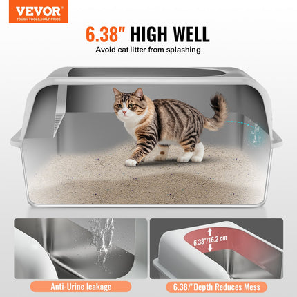 Cat Litter Box, 152 mm Deep, XL Extra Large Stainless Steel Cat Litter Box with Scoop, Wide Filtering Foot Board & High Sides, Enclosed Odor-Free Easy-to-Clean Litter Box, Fit for Big Cats