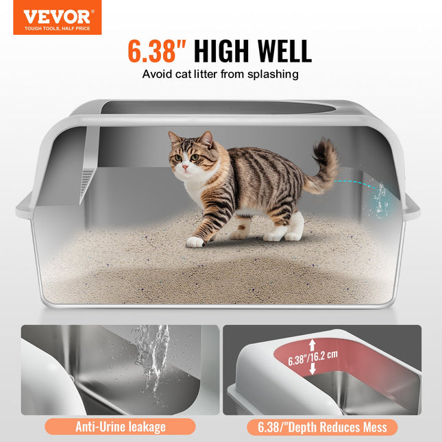 Cat Litter Box, 152 mm Deep, XL Extra Large Stainless Steel Cat Litter Box with Scoop, Wide Filtering Foot Board & High Sides, Enclosed Odor-Free Easy-to-Clean Litter Box, Fit for Big Cats