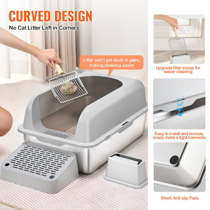 Cat Litter Box, 152 mm Deep, XL Extra Large Stainless Steel Cat Litter Box with Scoop, Wide Filtering Foot Board & High Sides, Enclosed Odor-Free Easy-to-Clean Litter Box, Fit for Big Cats