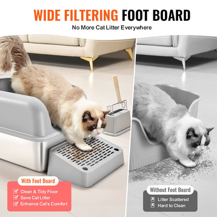Cat Litter Box, 152 mm Deep, XL Extra Large Stainless Steel Cat Litter Box with Scoop, Wide Filtering Foot Board & High Sides, Enclosed Odor-Free Easy-to-Clean Litter Box, Fit for Big Cats