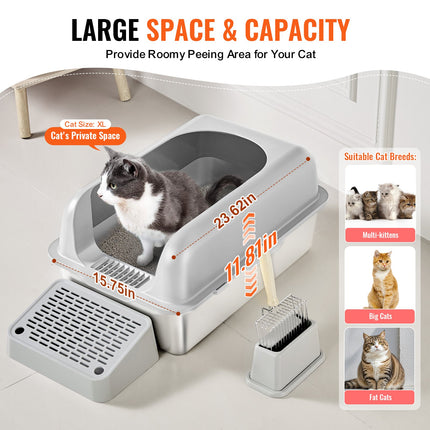 Cat Litter Box, 152 mm Deep, XL Extra Large Stainless Steel Cat Litter Box with Scoop, Wide Filtering Foot Board & High Sides, Enclosed Odor-Free Easy-to-Clean Litter Box, Fit for Big Cats