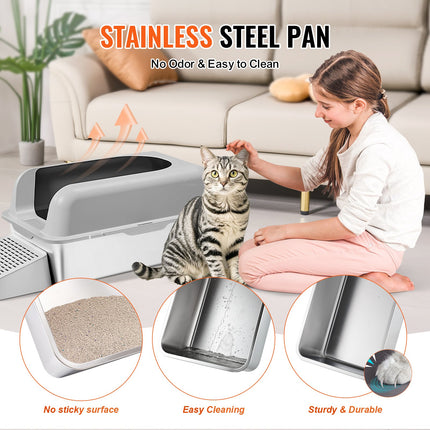 Cat Litter Box, 152 mm Deep, XL Extra Large Stainless Steel Cat Litter Box with Scoop, Wide Filtering Foot Board & High Sides, Enclosed Odor-Free Easy-to-Clean Litter Box, Fit for Big Cats
