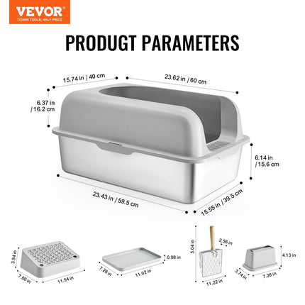 Cat Litter Box, 152 mm Deep, XL Extra Large Stainless Steel Cat Litter Box with Scoop, Wide Filtering Foot Board & High Sides, Enclosed Odor-Free Easy-to-Clean Litter Box, Fit for Big Cats