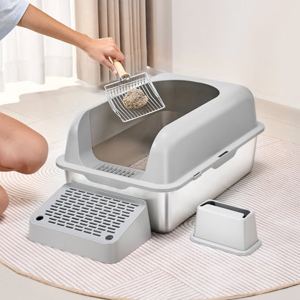 Cat Litter Box, 152 mm Deep, XL Extra Large Stainless Steel Cat Litter Box with Scoop, Wide Filtering Foot Board & High Sides, Enclosed Odor-Free Easy-to-Clean Litter Box, Fit for Big Cats