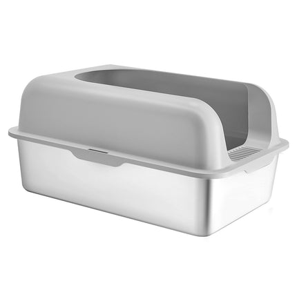Cat Litter Box, 152 mm Deep, XL Extra Large Stainless Steel Cat Litter Box with Scoop, Wide Filtering Foot Board & High Sides, Enclosed Odor-Free Easy-to-Clean Litter Box, Fit for Big Cats