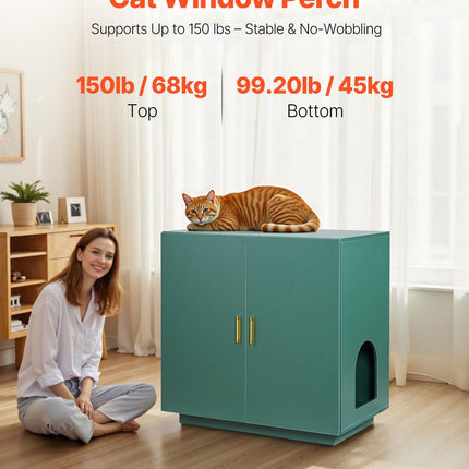 Cat Litter Box Enclosure, 80 cm Hidden Litter Box Cabinet, Wooden Indoor Cat Washroom with Ventilated Holes, Double-Door Kitty Pet House Furniture, End Side Table Fit Most Litterboxes