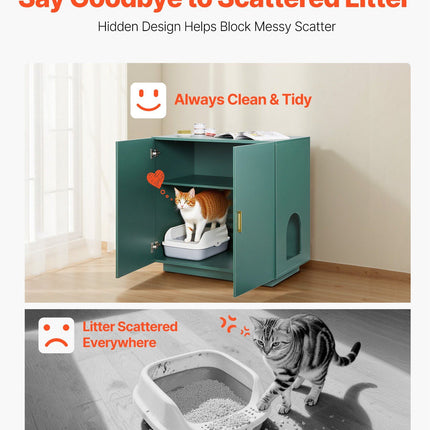 Cat Litter Box Enclosure, 80 cm Hidden Litter Box Cabinet, Wooden Indoor Cat Washroom with Ventilated Holes, Double-Door Kitty Pet House Furniture, End Side Table Fit Most Litterboxes