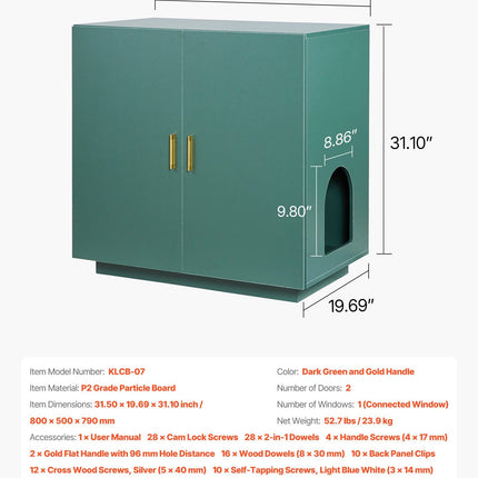 Cat Litter Box Enclosure, 80 cm Hidden Litter Box Cabinet, Wooden Indoor Cat Washroom with Ventilated Holes, Double-Door Kitty Pet House Furniture, End Side Table Fit Most Litterboxes