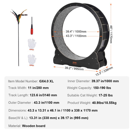 Wooden Cat Exercise Wheel, 43.3" Large Cat Treadmill Wheel for Indoor Cats, Cat Running Wheel with Detachable Carpet & Cat Teaser for Running/Walking/Training, Suitable for Most Cats