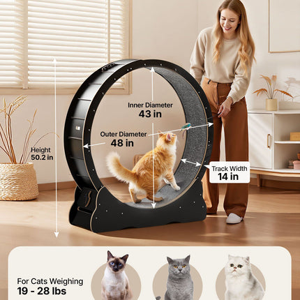 Cat Exercise Wheel, 120 cm Wooden Cat Running Wheel for Indoor Cats up to 12.7 kg, Cats Treadmill with Carpeted Runway & Locking Mechanism, Quiet Kitten Sport Toys for Pets Fitness, Black