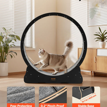 Cat Exercise Wheel, 120 cm Wooden Cat Running Wheel for Indoor Cats up to 12.7 kg, Cats Treadmill with Carpeted Runway & Locking Mechanism, Quiet Kitten Sport Toys for Pets Fitness, Black