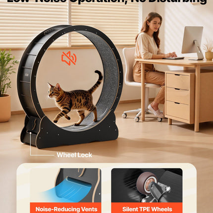 Cat Exercise Wheel, 120 cm Wooden Cat Running Wheel for Indoor Cats up to 12.7 kg, Cats Treadmill with Carpeted Runway & Locking Mechanism, Quiet Kitten Sport Toys for Pets Fitness, Black