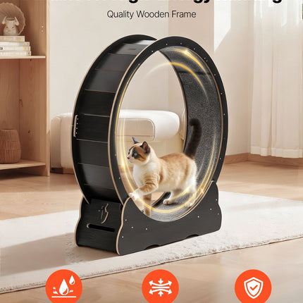 Cat Exercise Wheel, 120 cm Wooden Cat Running Wheel for Indoor Cats up to 12.7 kg, Cats Treadmill with Carpeted Runway & Locking Mechanism, Quiet Kitten Sport Toys for Pets Fitness, Black
