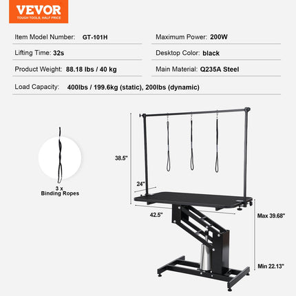 109cm Hydraulic Pet Grooming Table, Heavy Duty Dog Grooming Arm for Medium/ Small Dogs, Height Adjustable Dog Grooming Station, Anti Slip Tabletop /Dog Grooming Station, Max Bearing 182kg