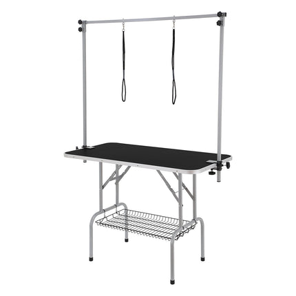 Pet Grooming Table Two Arms with Clamp, 117cm Dog Grooming Station, Foldable Pets Grooming Stand for Medium and Small Dogs, Free Two No Sit Haunch Holder with Grooming Loop, Bearing 149.7kg