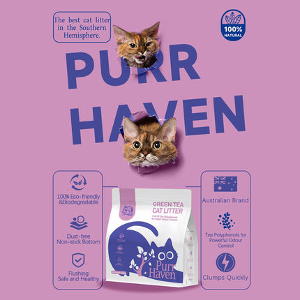 PurrHaven Green Tea Clumping Cat & Kitty Litter, 7.5kg (3 Pack),Dust Free,Natural Flusable,Easy to Clean,Odour Neutraliser,Rapid Liquid Absorption,Non-Toxic Formula